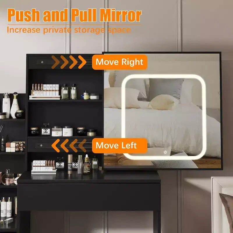 Ensemble de coiffeuse Acekool avec miroir coulissant, éclairage tactile, station de charge, 4 tiroirs et étagères, tabouret, pour chambre à coucher