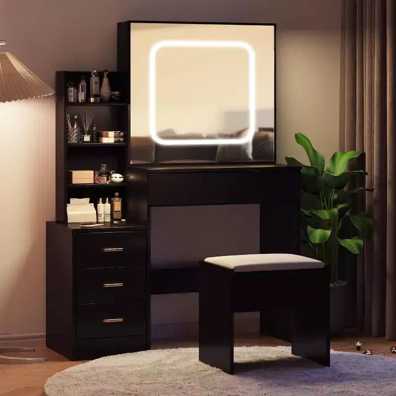 Ensemble de coiffeuse Acekool avec miroir coulissant, éclairage tactile, station de charge, 4 tiroirs et étagères, tabouret, pour chambre à coucher