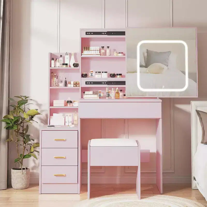 Ensemble de coiffeuse Acekool avec miroir coulissant, éclairage tactile, station de charge, 4 tiroirs et étagères, tabouret, pour chambre à coucher