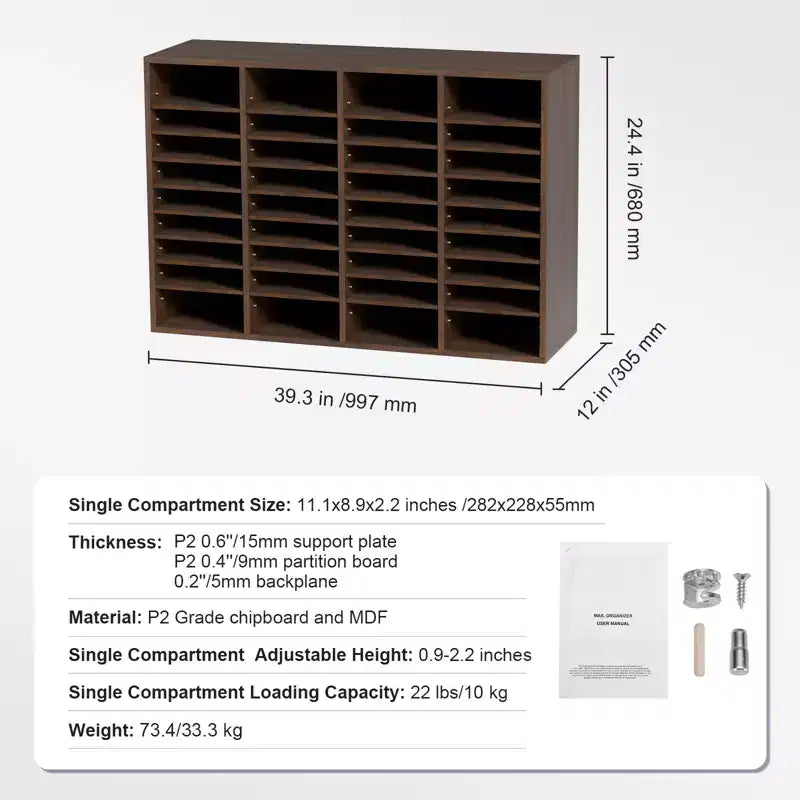 Organisateurs de documents VEVOR, Casier de bureau à 36 compartiments avec étagères réglables, Trieur de documents en bois 99,8 x 30,5 x 68,1 cm, certifié EPA