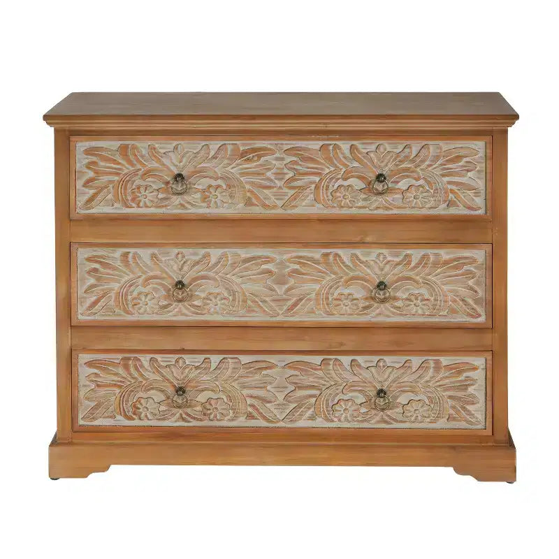 Commode en bois Christopher Knight Home Bianca Boho avec 3 tiroirs et motifs floraux sculptés