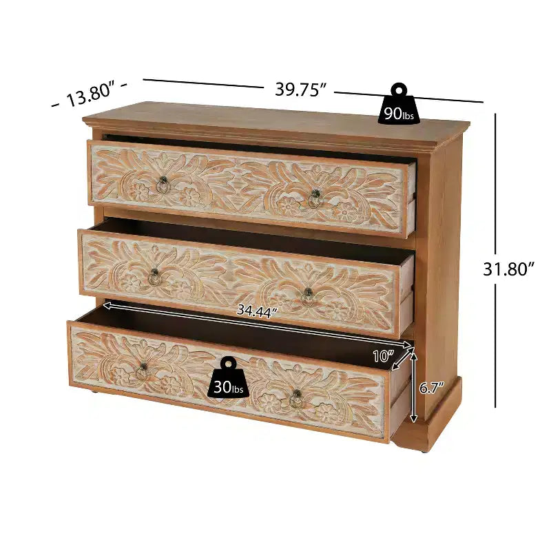 Commode en bois Christopher Knight Home Bianca Boho avec 3 tiroirs et motifs floraux sculptés