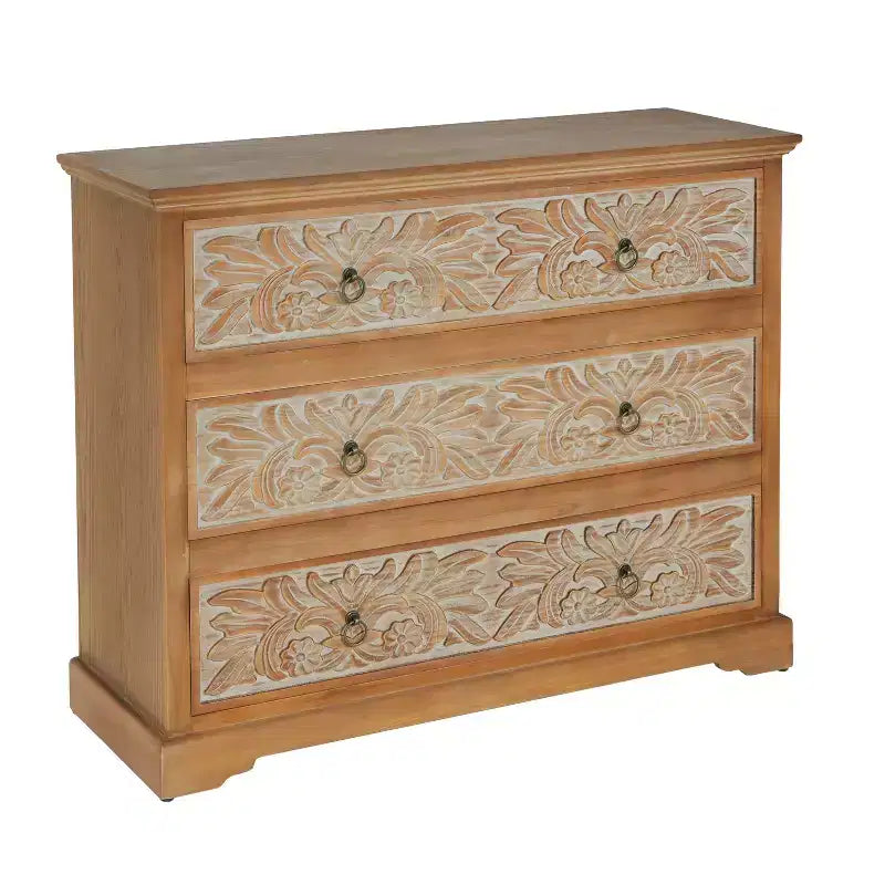 Commode en bois Christopher Knight Home Bianca Boho avec 3 tiroirs et motifs floraux sculptés