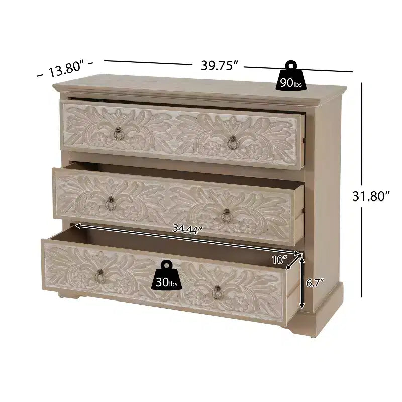 Commode en bois Christopher Knight Home Bianca Boho avec 3 tiroirs et motifs floraux sculptés