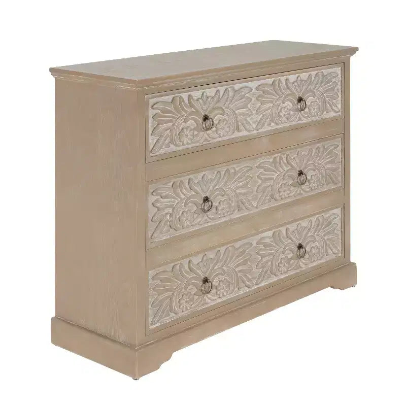 Commode en bois Christopher Knight Home Bianca Boho avec 3 tiroirs et motifs floraux sculptés