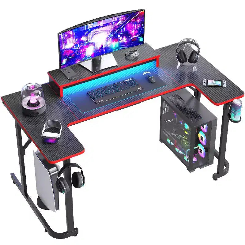 Bureau de gamer en U Bestier avec support d'écran, lumières LED, crochets pour casque, porte-gobelet, noir fibre de carbone
