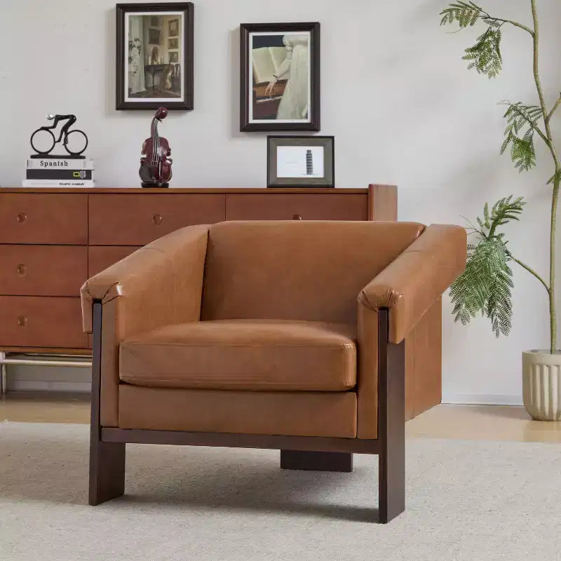 Okak 34 Fauteuil moderne avec revêtement confortable, coussins profonds, bois massif, fauteuil du milieu du siècle pour salon, chambre à coucher, salle d'attente
