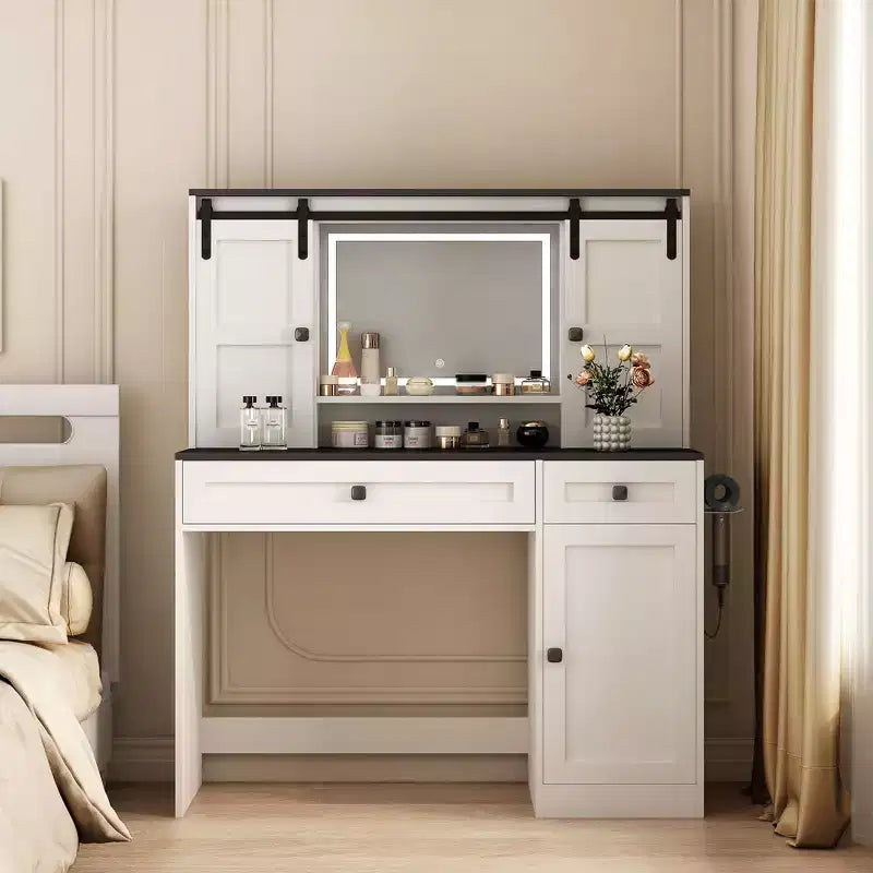 Okak Farmhouse 43.3 Wide Dressing Table with Hair Dryer Holder Vanity Desk with Makeup Drawer and Cabinet for Bedroom