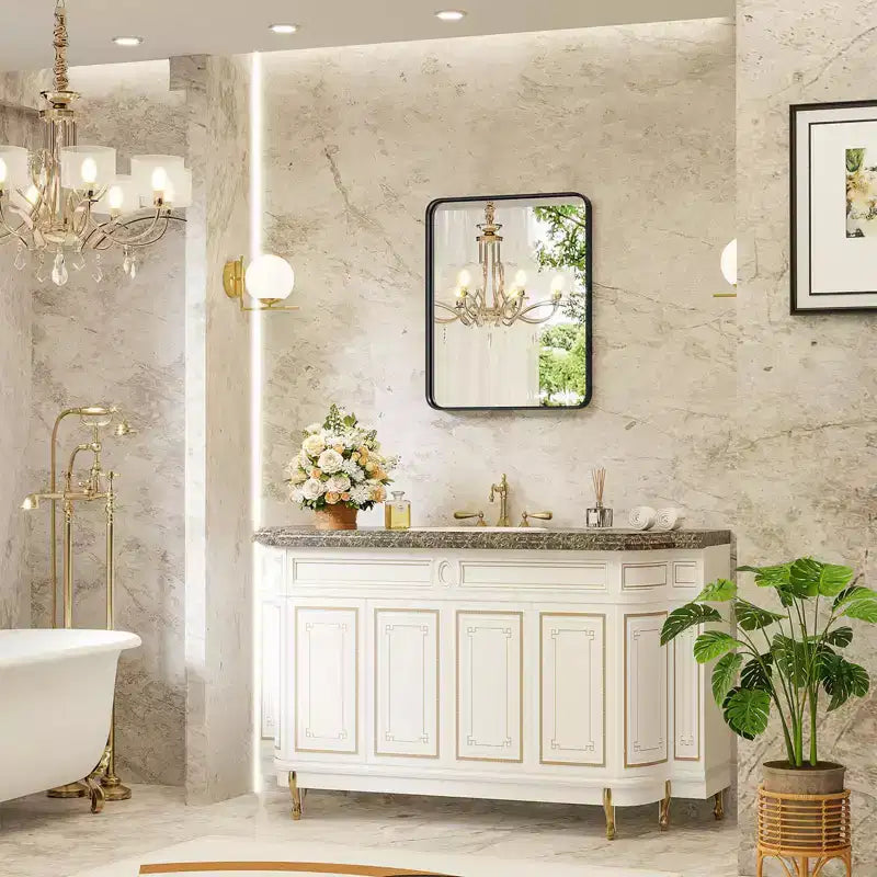 Miroir de courtoisie en aluminium 35x23 pouces, miroir mural de salle de bain avec rétroéclairage LED et revêtement antirouille, Noir