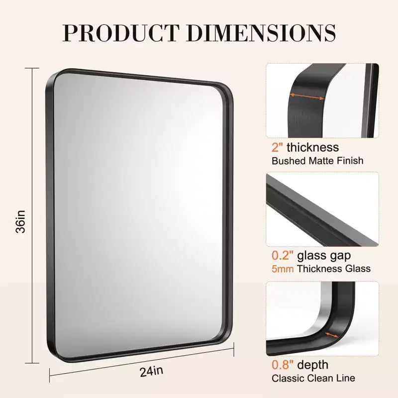 Miroir de courtoisie en aluminium 35x23 pouces, miroir mural de salle de bain avec rétroéclairage LED et revêtement antirouille, Noir