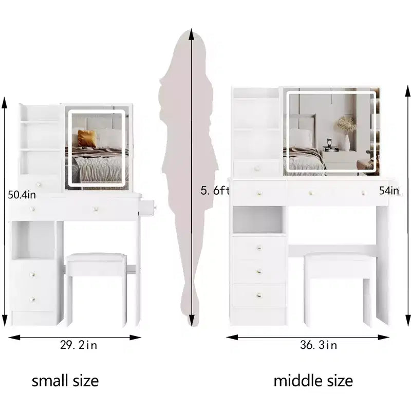 Coiffeuse et tabouret Okak avec 2 prises AC + 2 ports USB, coiffeuse avec support pour sèche-cheveux et miroir tactile LED, blanc