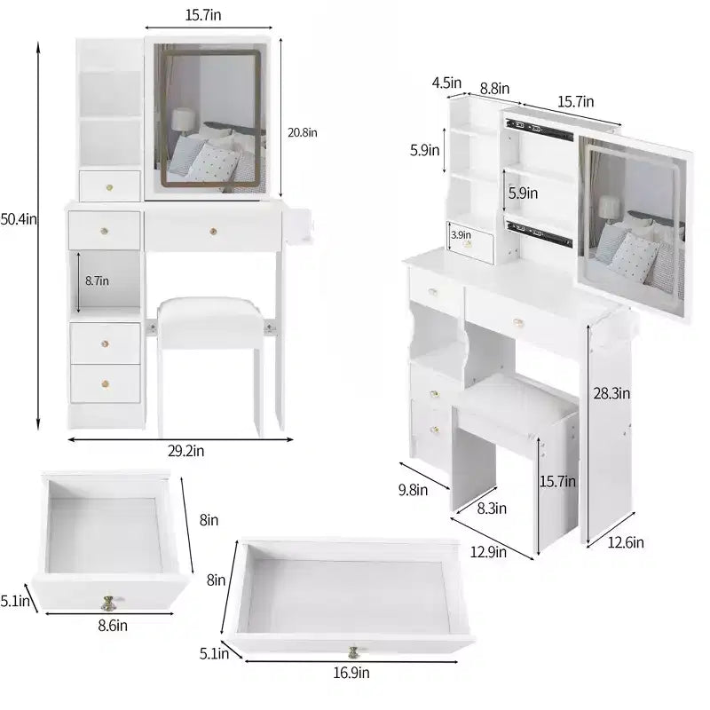 Coiffeuse et tabouret Okak avec 2 prises AC + 2 ports USB, coiffeuse avec support pour sèche-cheveux et miroir tactile LED, blanc