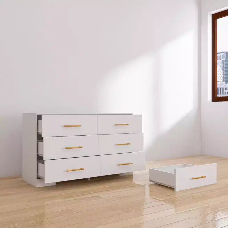 Commode Okak 2 rangées 6 tiroirs, commode moderne avec grand espace de rangement, armoire de rangement au fini mat pour le salon, l'entrée