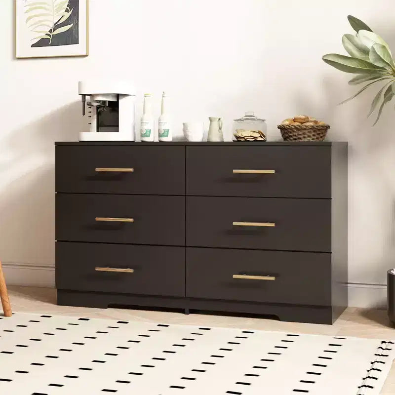Commode Okak 2 rangées 6 tiroirs, commode moderne avec grand espace de rangement, armoire de rangement au fini mat pour le salon, l'entrée