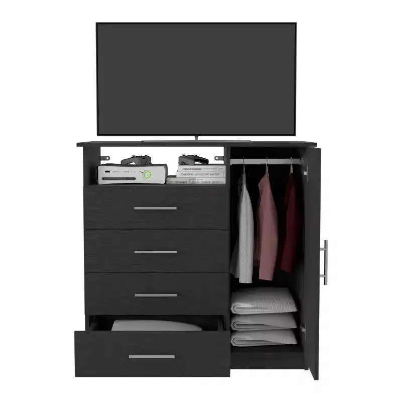 Commode 4 tiroirs Okak avec 1 armoire de rangement à porte et 1 étagère, grande commode TV pour chambre, salon, entrée, commode finition noir mat, plateau supérieur