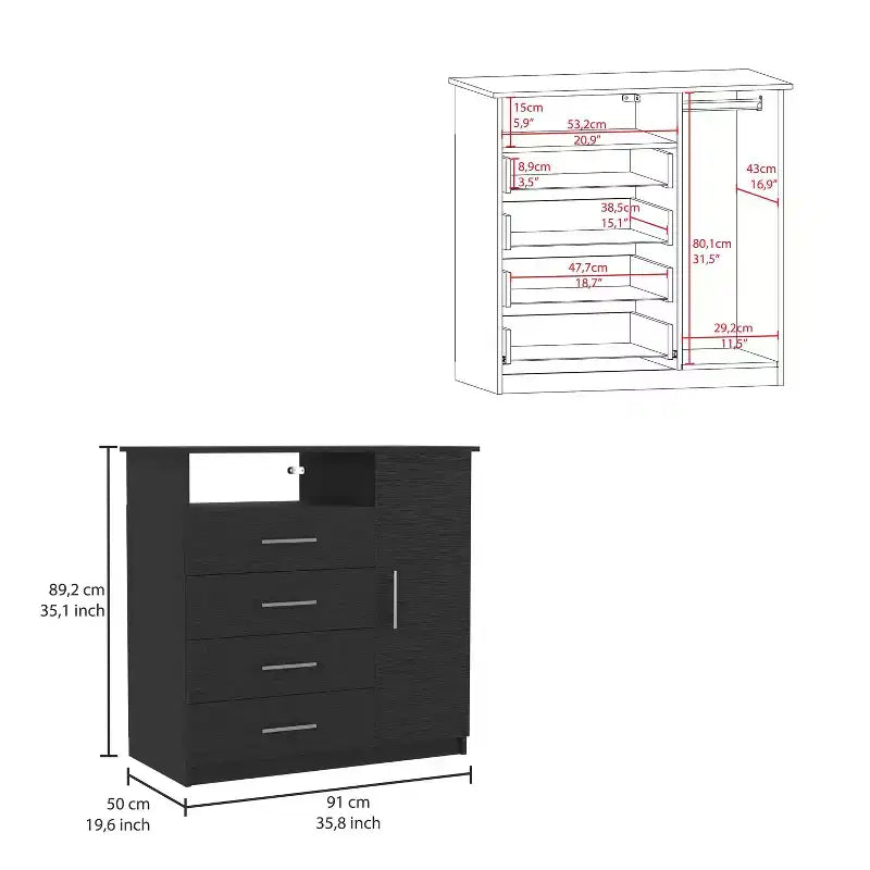 Commode 4 tiroirs Okak avec 1 armoire de rangement à porte et 1 étagère, grande commode TV pour chambre, salon, entrée, commode finition noir mat, plateau supérieur