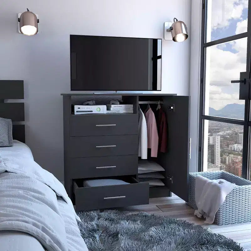 Commode 4 tiroirs Okak avec 1 armoire de rangement à porte et 1 étagère, grande commode TV pour chambre, salon, entrée, commode finition noir mat, plateau supérieur
