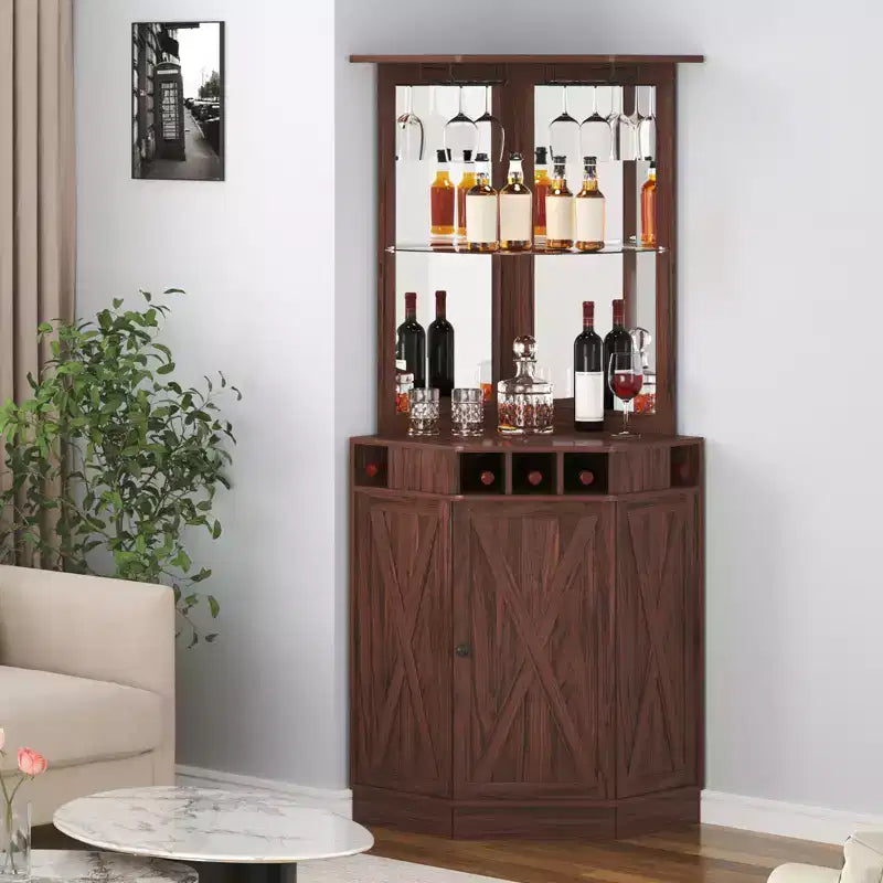 Meuble de Bar d'Angle Industriel VEVOR, Table à Vin pour Alcool et Verres, Buffet avec Porte-Verres, Noyer Noir