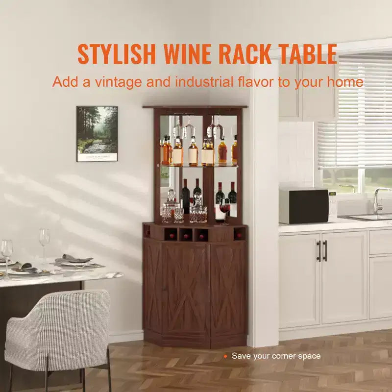 Meuble de Bar d'Angle Industriel VEVOR, Table à Vin pour Alcool et Verres, Buffet avec Porte-Verres, Noyer Noir