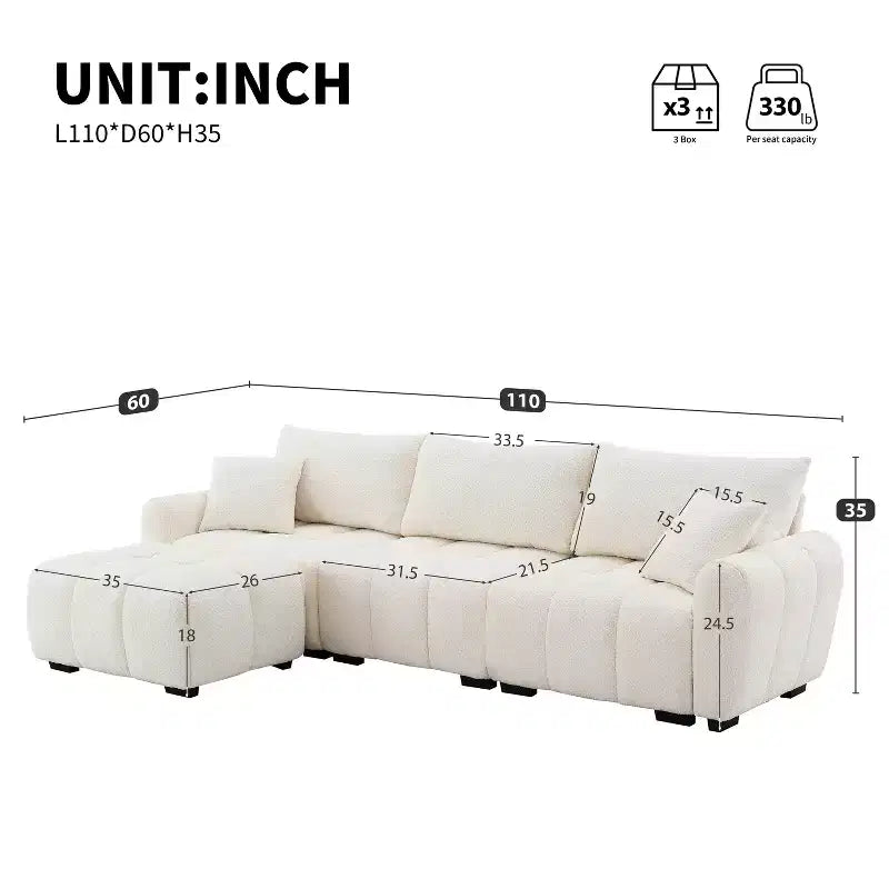 Canapé modulable Whisen 110, forme en L avec assise extra-large, design à lignes tendues