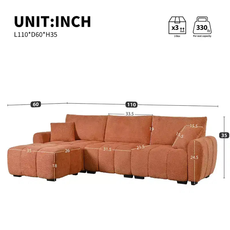 Canapé modulable Whisen 110, forme en L avec assise extra-large, design à lignes tendues