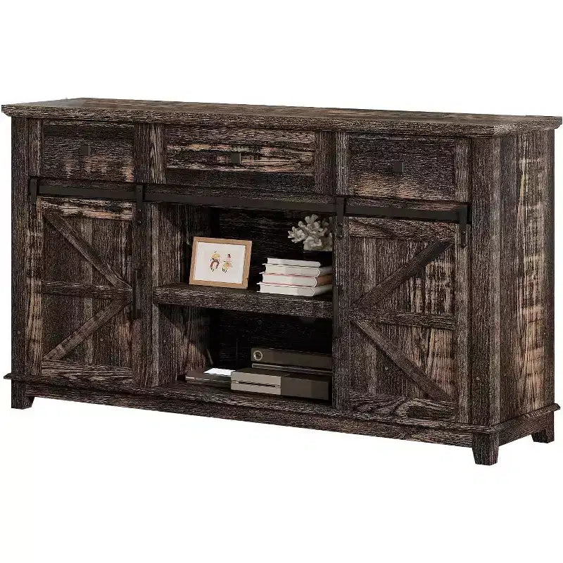 Meuble TV de style ferme AMERLIFE avec porte coulissante de grange et tiroir, meuble TV rustique de 59 po pour téléviseurs jusqu'à 65 po