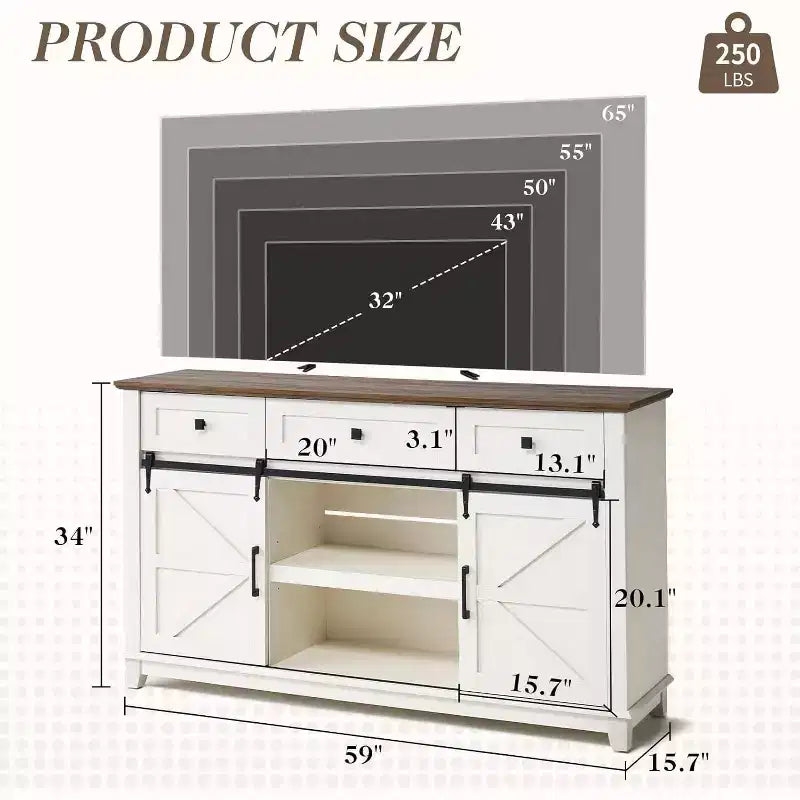 Meuble TV de style ferme AMERLIFE avec porte coulissante de grange et tiroir, meuble TV rustique de 59 po pour téléviseurs jusqu'à 65 po