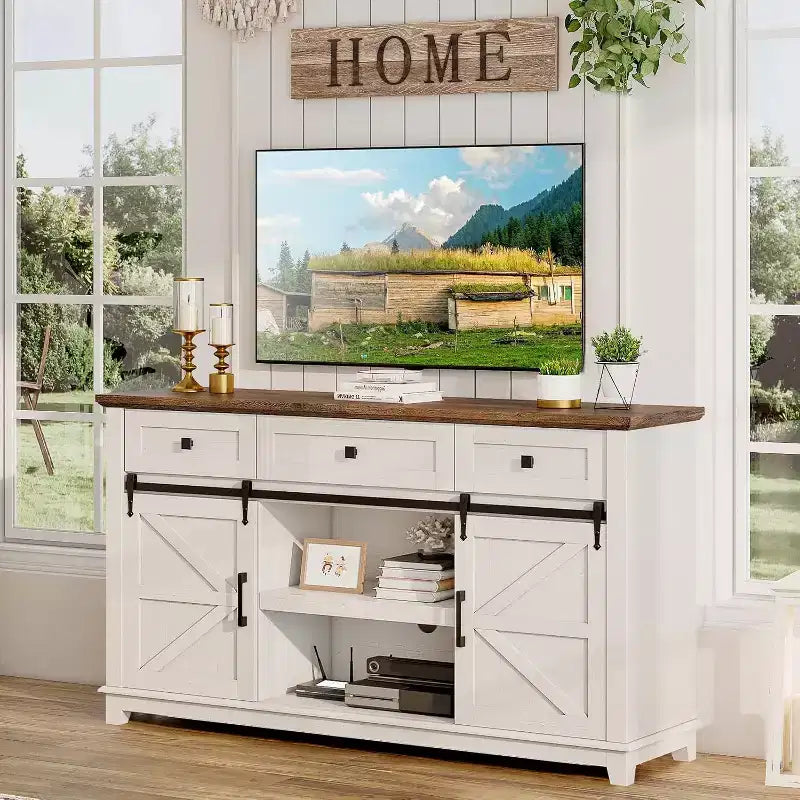 Meuble TV de style ferme AMERLIFE avec porte coulissante de grange et tiroir, meuble TV rustique de 59 po pour téléviseurs jusqu'à 65 po