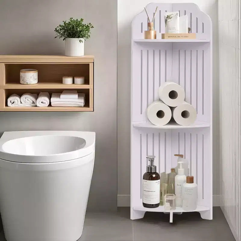 VECELO Étagère d'angle à 3/4 niveaux, Petite étagère de rangement pour espace étroit, Porte-papier toilette pour salle de bain, Blanc