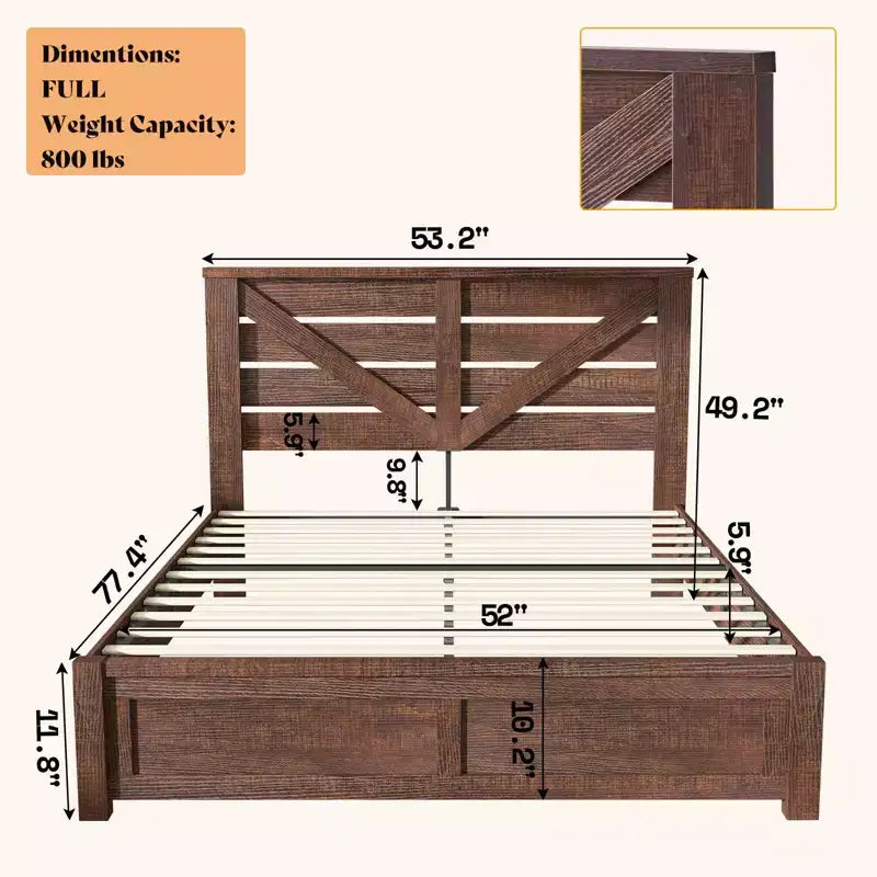 Cadre de lit AMERLIFE de style ferme avec tête de lit porte de grange de 125 cm