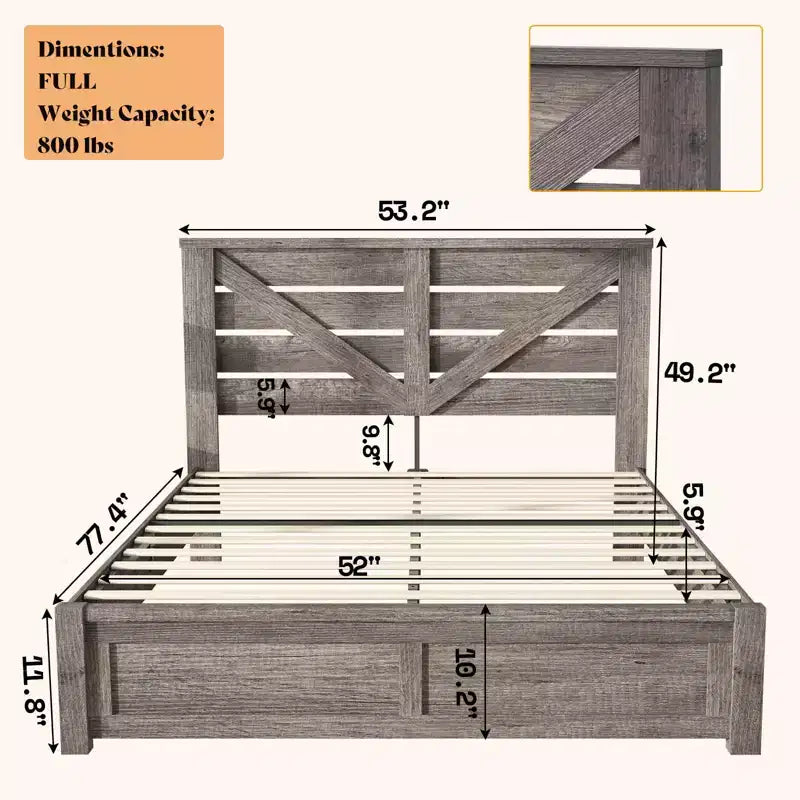 Cadre de lit AMERLIFE de style ferme avec tête de lit porte de grange de 125 cm
