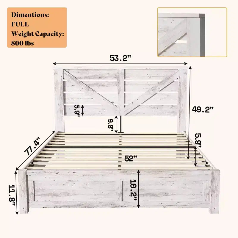 Cadre de lit AMERLIFE de style ferme avec tête de lit porte de grange de 125 cm