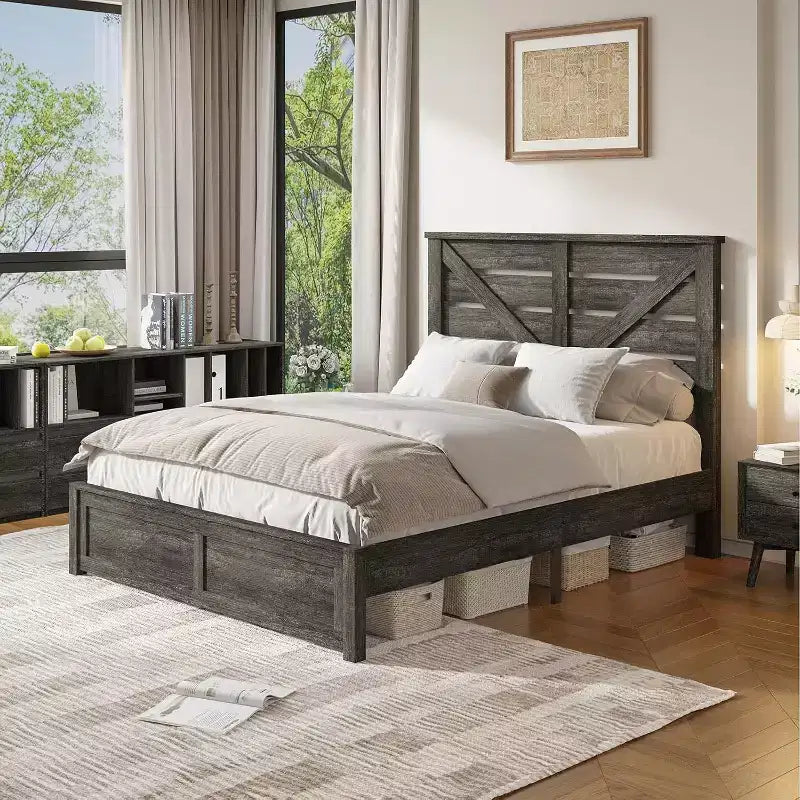 Cadre de lit AMERLIFE de style ferme avec tête de lit porte de grange de 125 cm