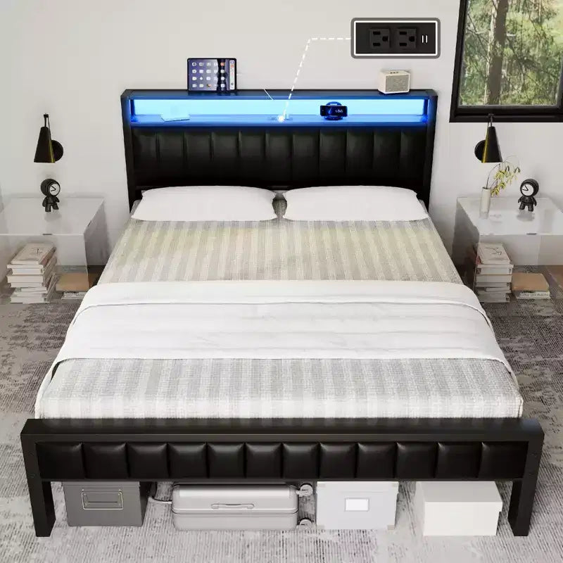 Cadre de lit Amerlife Plateforme Cadre de lit LED avec similicuir et station de recharge