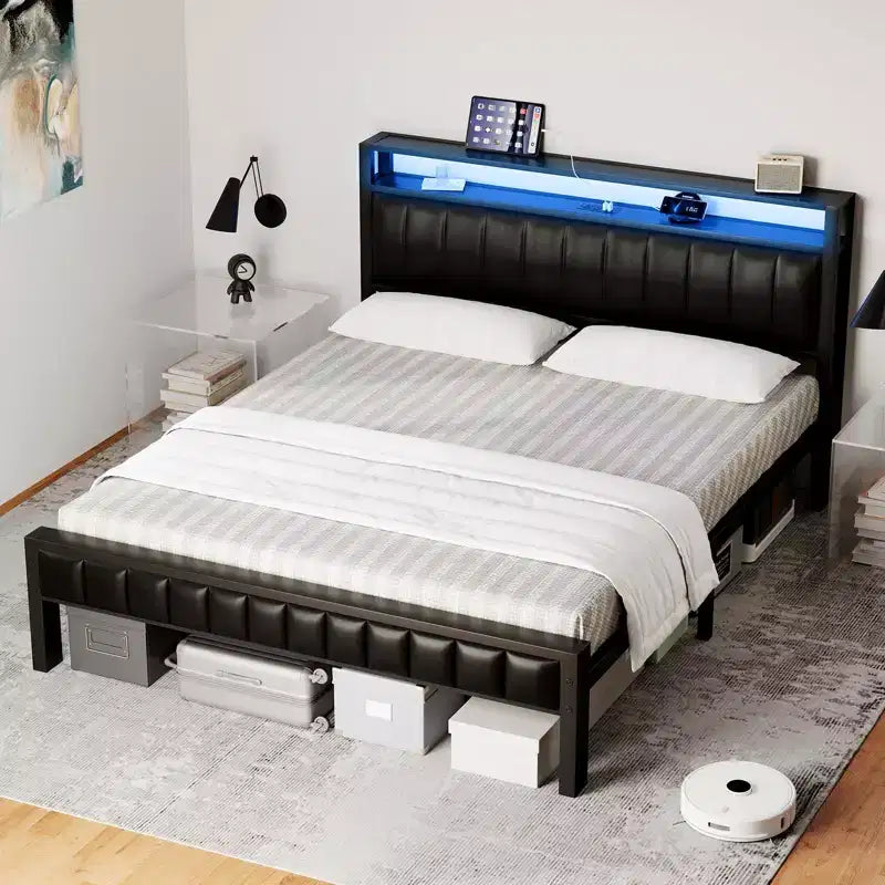 Cadre de lit Amerlife Plateforme Cadre de lit LED avec similicuir et station de recharge