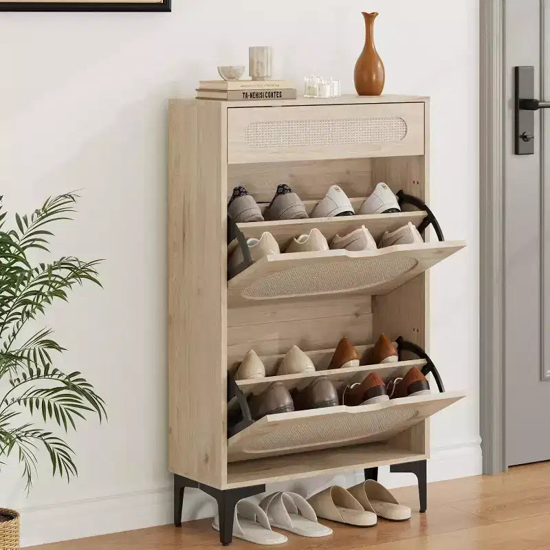 Meuble à chaussures en rotin Acekool avec 2 tiroirs basculants et 1 tiroir coulissant, étagères réglables, pieds en métal, rangement d'entrée peu encombrant