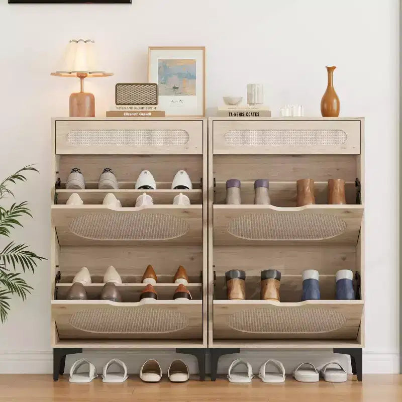 Meuble à chaussures en rotin Acekool avec 2 tiroirs basculants et 1 tiroir coulissant, étagères réglables, pieds en métal, rangement d'entrée peu encombrant