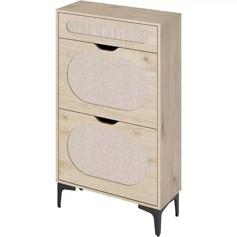 Meuble à chaussures en rotin Acekool avec 2 tiroirs basculants et 1 tiroir coulissant, étagères réglables, pieds en métal, rangement d'entrée peu encombrant