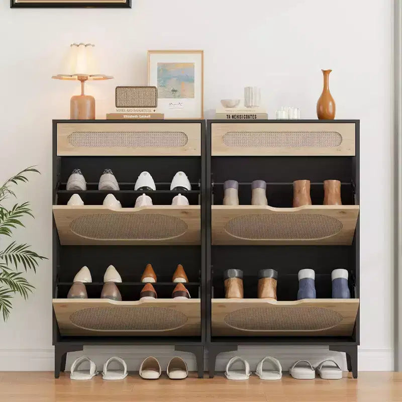 Meuble à chaussures en rotin Acekool avec 2 tiroirs basculants et 1 tiroir coulissant, étagères réglables, pieds en métal, rangement d'entrée peu encombrant
