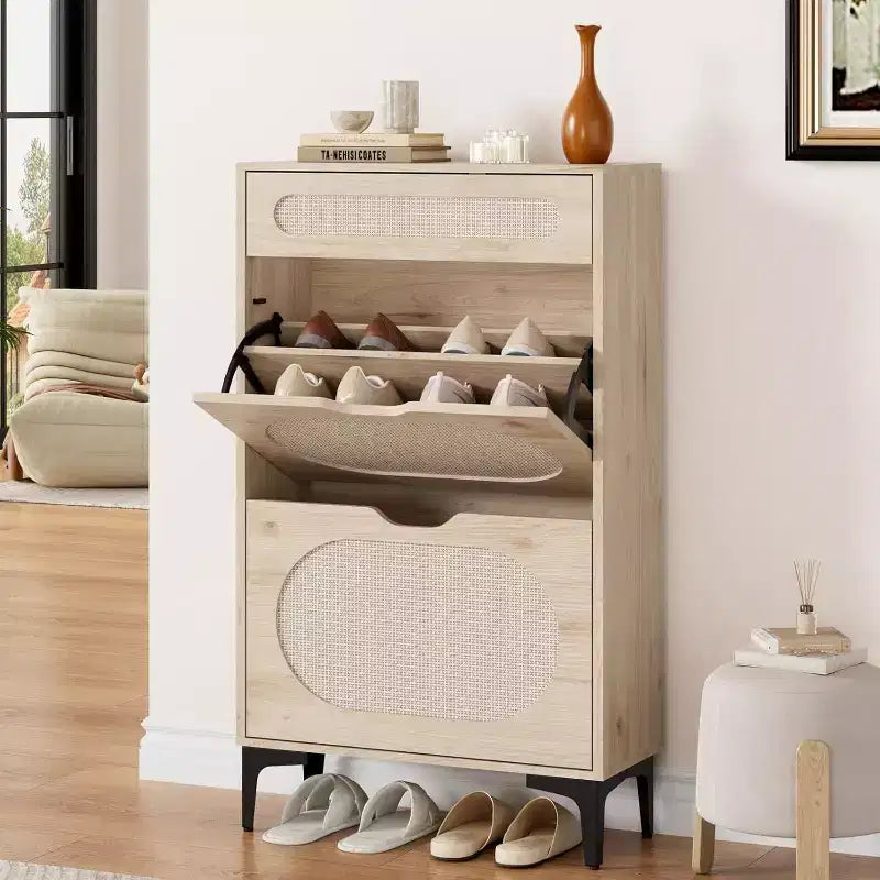 Meuble à chaussures en rotin Acekool avec 2 tiroirs basculants et 1 tiroir coulissant, étagères réglables, pieds en métal, rangement d'entrée peu encombrant