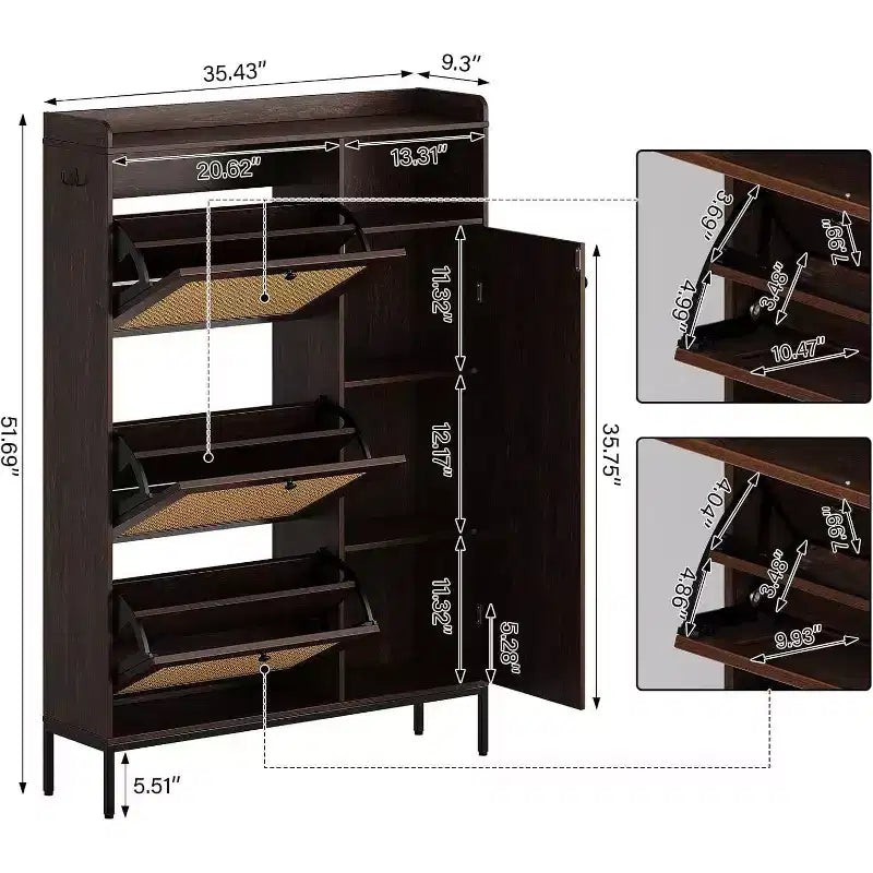 Meuble à Chaussures 3 Niveaux Acekool avec Tiroirs Basculants en Rotin Naturel, Étagères Réglables et Rangement Ouvert, Organisateur d'Entrée Disponible en Plusieurs Finitions