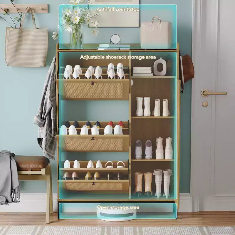 Meuble à Chaussures 3 Niveaux Acekool avec Tiroirs Basculants en Rotin Naturel, Étagères Réglables et Rangement Ouvert, Organisateur d'Entrée Disponible en Plusieurs Finitions