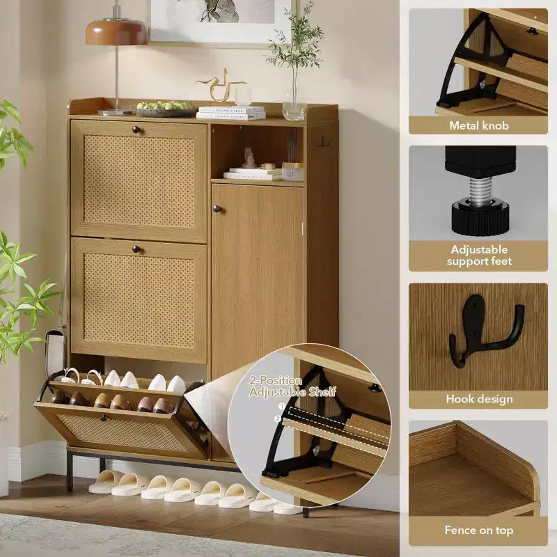 Meuble à Chaussures 3 Niveaux Acekool avec Tiroirs Basculants en Rotin Naturel, Étagères Réglables et Rangement Ouvert, Organisateur d'Entrée Disponible en Plusieurs Finitions