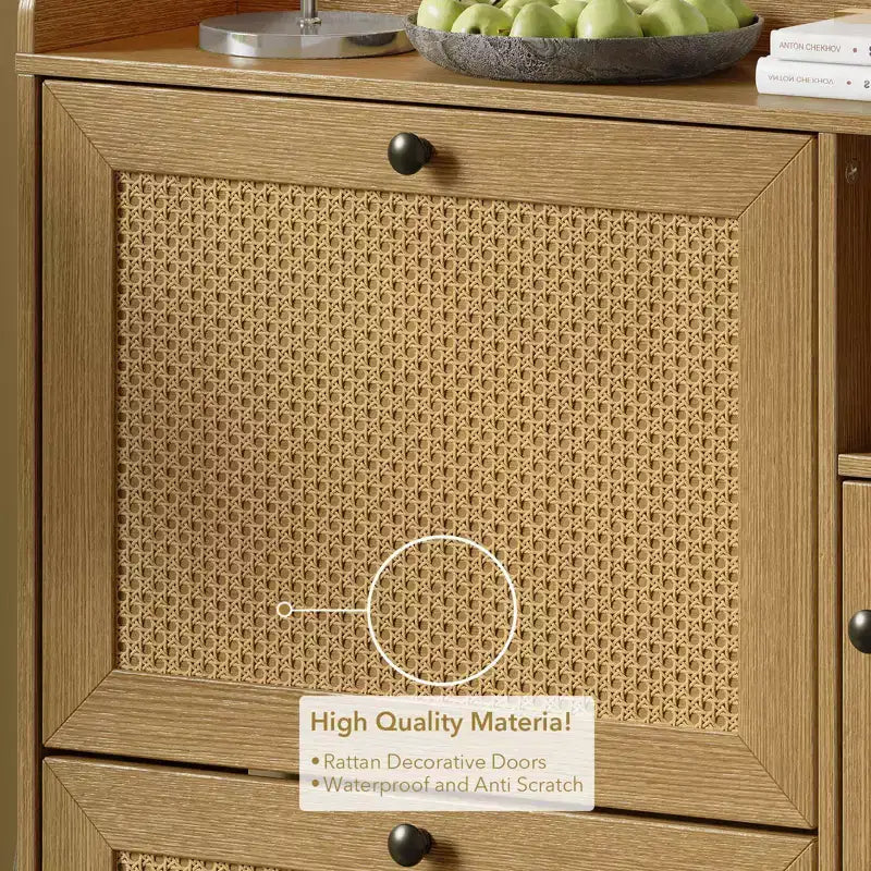 Meuble à Chaussures 3 Niveaux Acekool avec Tiroirs Basculants en Rotin Naturel, Étagères Réglables et Rangement Ouvert, Organisateur d'Entrée Disponible en Plusieurs Finitions