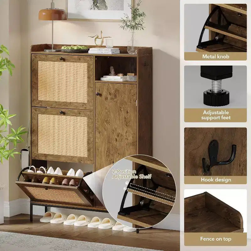 Meuble à Chaussures 3 Niveaux Acekool avec Tiroirs Basculants en Rotin Naturel, Étagères Réglables et Rangement Ouvert, Organisateur d'Entrée Disponible en Plusieurs Finitions
