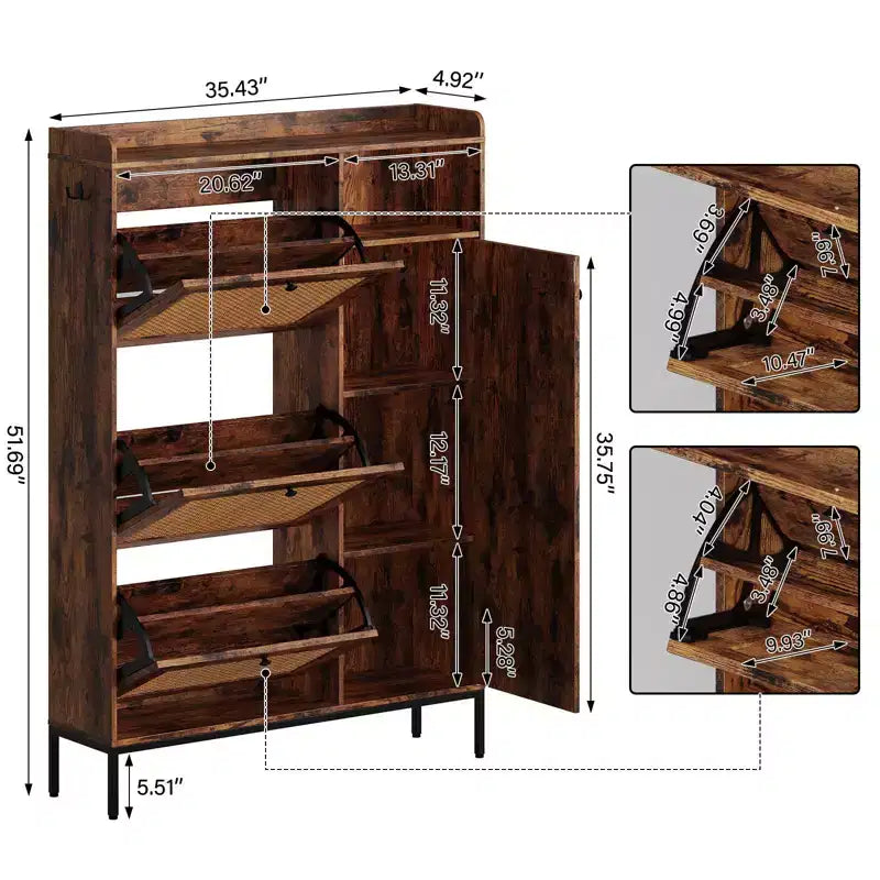 Meuble à Chaussures 3 Niveaux Acekool avec Tiroirs Basculants en Rotin Naturel, Étagères Réglables et Rangement Ouvert, Organisateur d'Entrée Disponible en Plusieurs Finitions