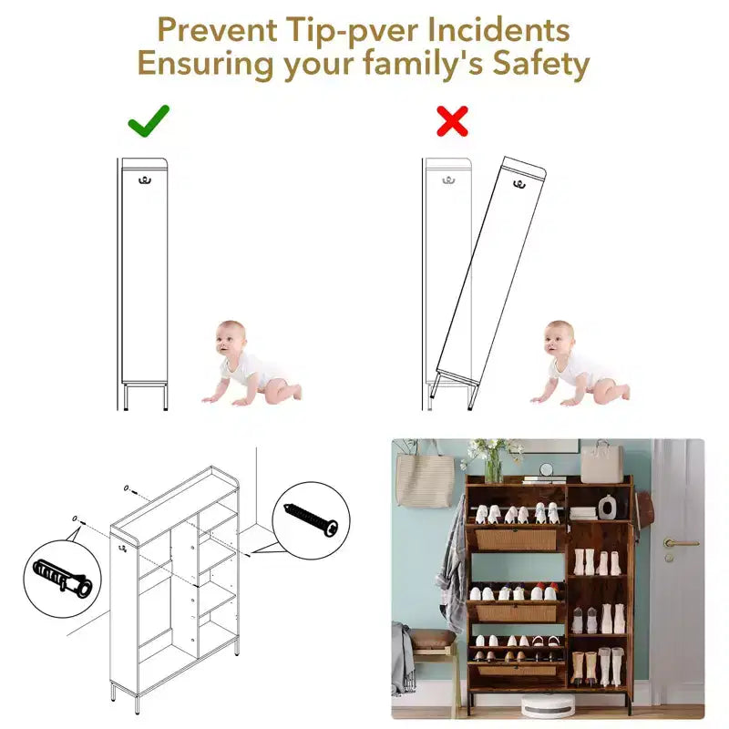 Meuble à Chaussures 3 Niveaux Acekool avec Tiroirs Basculants en Rotin Naturel, Étagères Réglables et Rangement Ouvert, Organisateur d'Entrée Disponible en Plusieurs Finitions