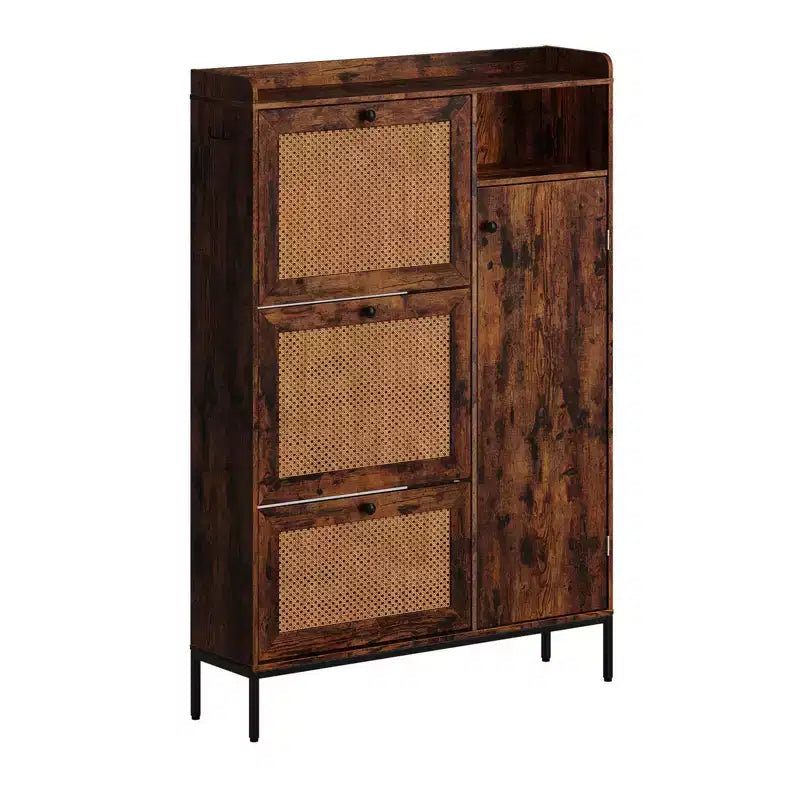 Meuble à Chaussures 3 Niveaux Acekool avec Tiroirs Basculants en Rotin Naturel, Étagères Réglables et Rangement Ouvert, Organisateur d'Entrée Disponible en Plusieurs Finitions