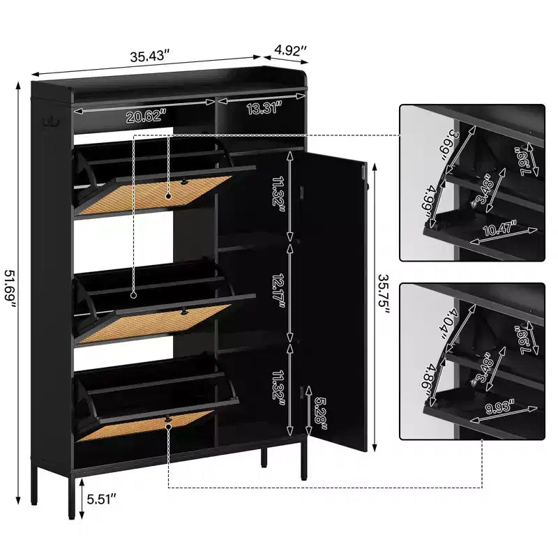 Meuble à Chaussures 3 Niveaux Acekool avec Tiroirs Basculants en Rotin Naturel, Étagères Réglables et Rangement Ouvert, Organisateur d'Entrée Disponible en Plusieurs Finitions