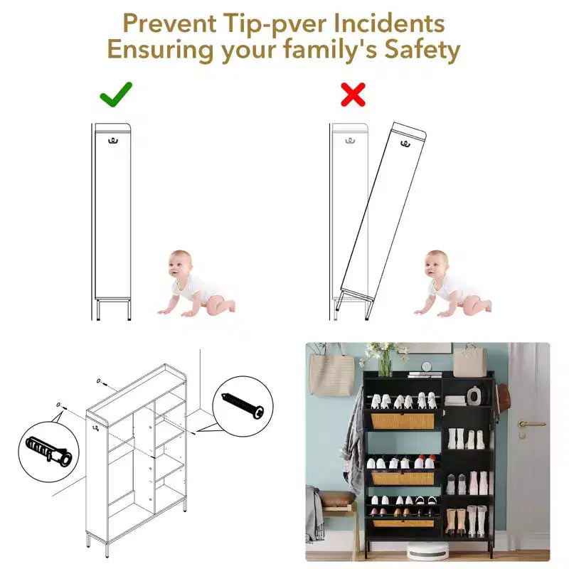 Meuble à Chaussures 3 Niveaux Acekool avec Tiroirs Basculants en Rotin Naturel, Étagères Réglables et Rangement Ouvert, Organisateur d'Entrée Disponible en Plusieurs Finitions